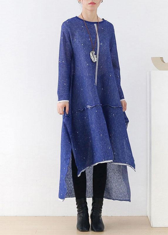 Blue O-neck Pockets Fall Knit Dress