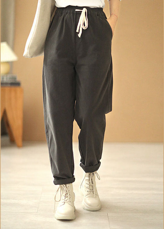 Grey Tie Waist Pockets Straight Fall Pants