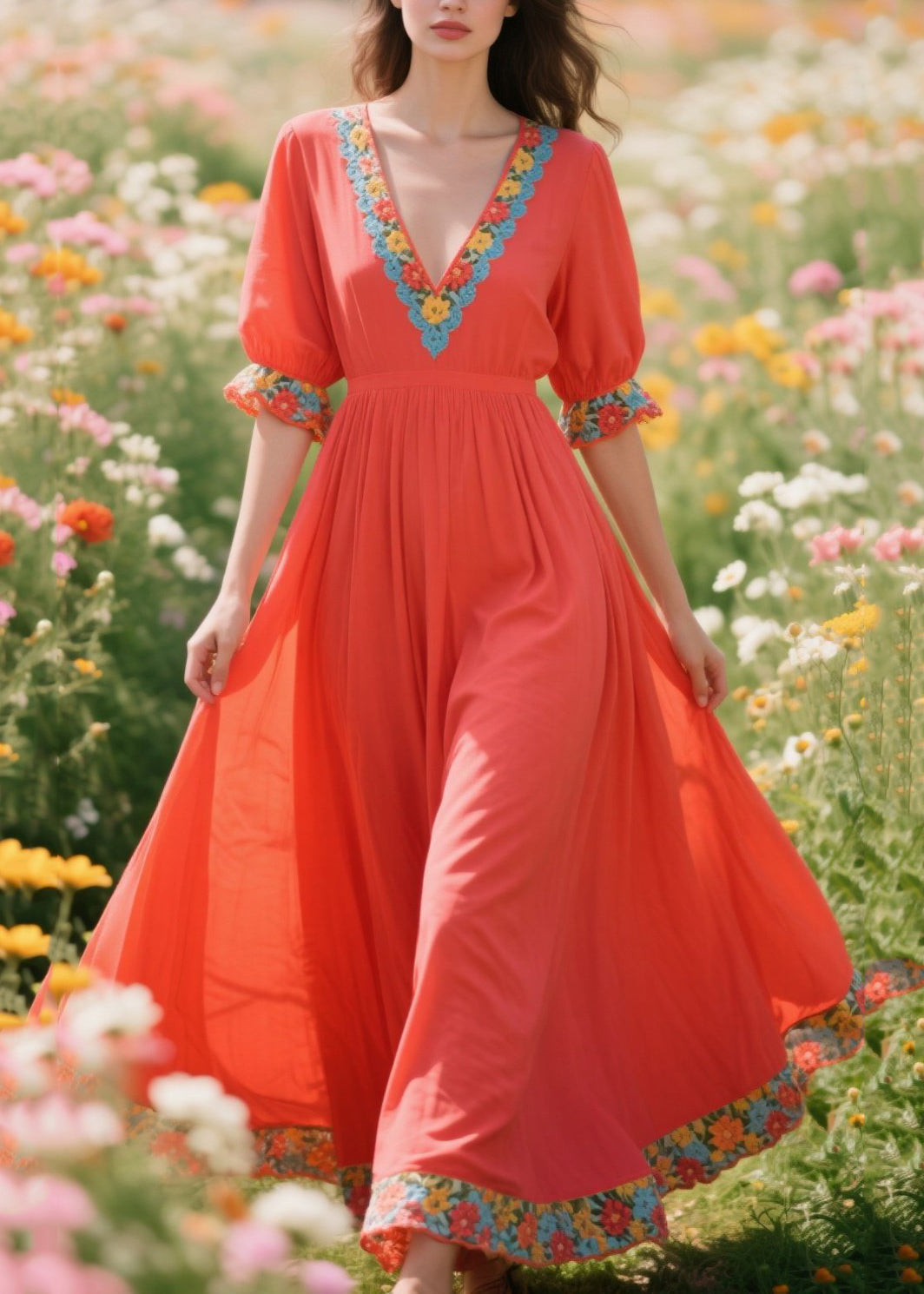 Diy Orange Exra Large Hem Patchwork Flower Cotton Vacation Dresses Summer