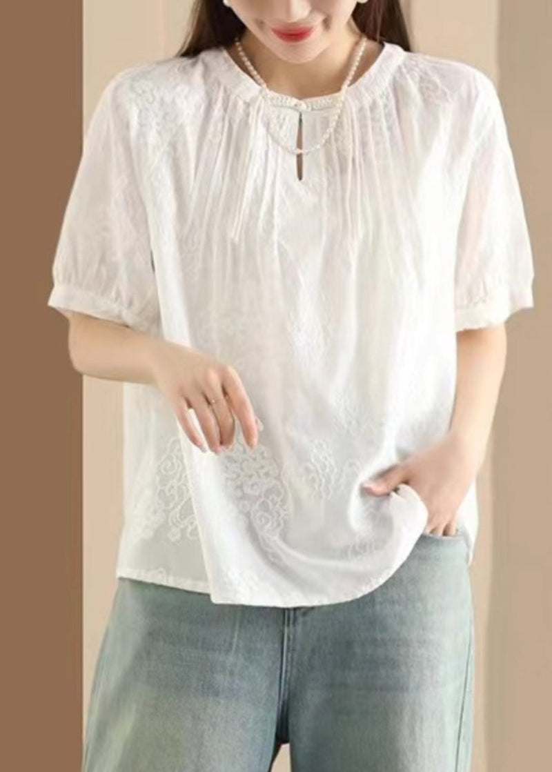 Apricot Embroidered Puff Sleeve Cotton Blouse Top