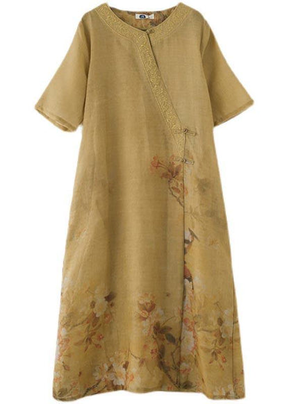 Yellow Print Oriental Party Dress Summer Linen Dress