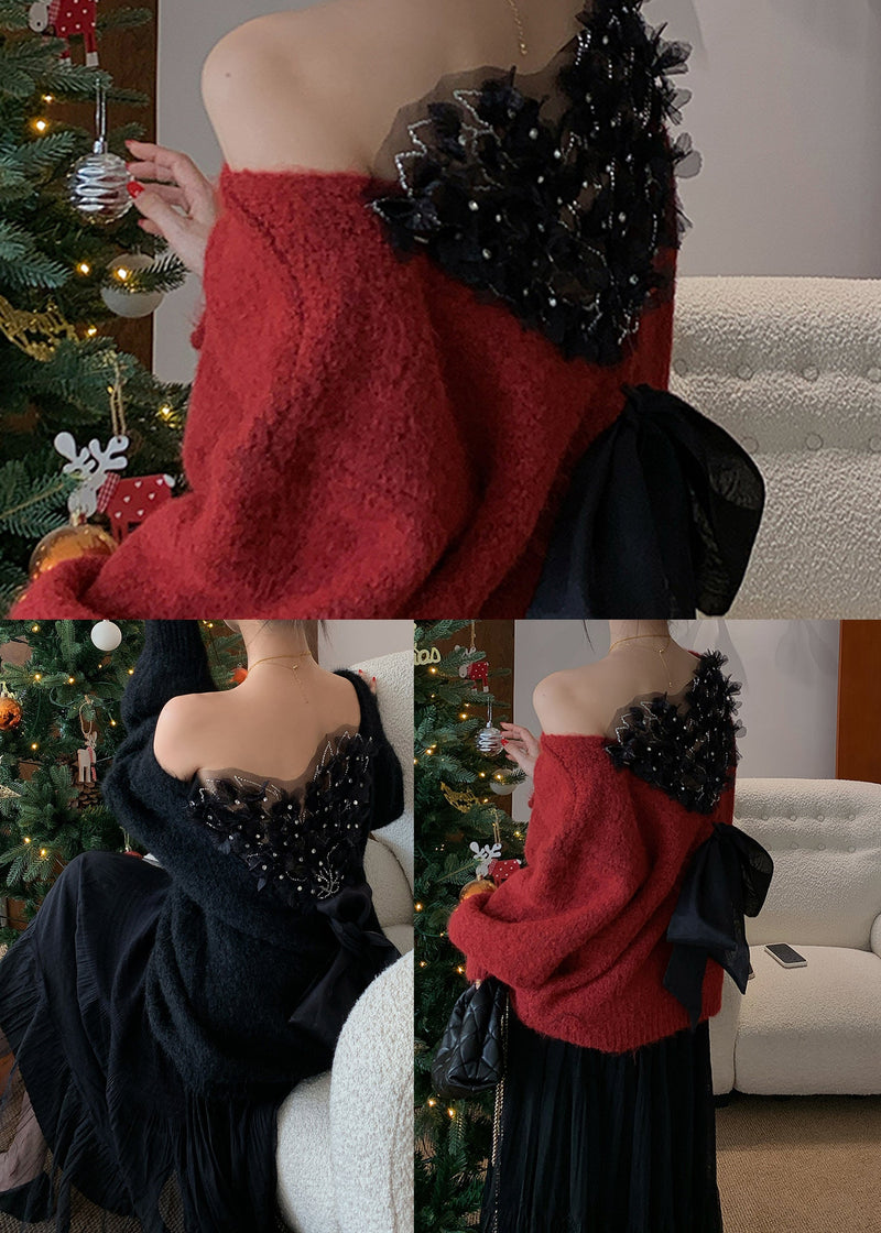 Fine Black Cold Shoulder Patchwork Knit Sweaters Winter