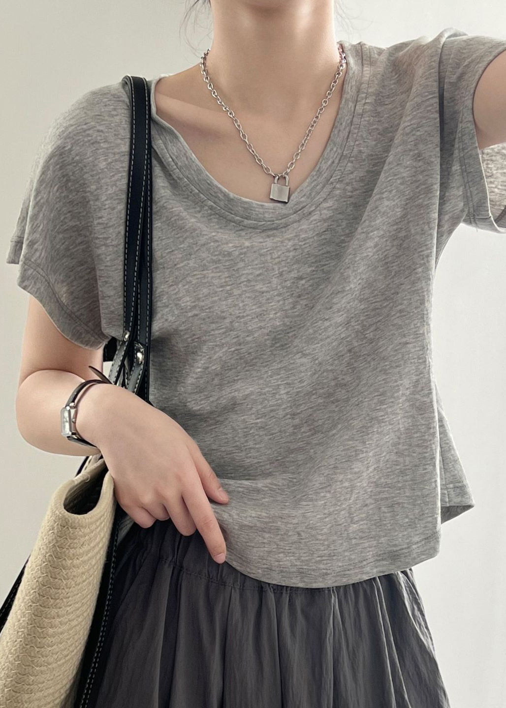 Grey Cotton T Shirt Top O Neck Short Sleeve