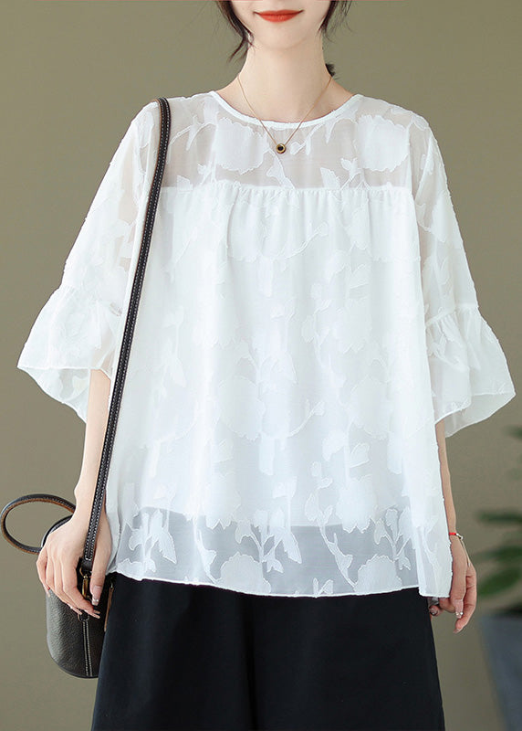 Jacquard White Embroidery Tulle Top Flare Sleeve
