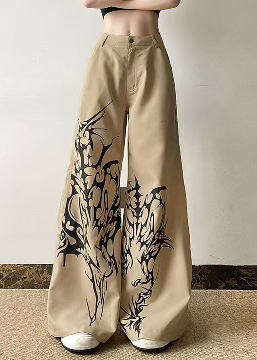 Khaki Print High Waist Cotton Wide Leg Pants Summer