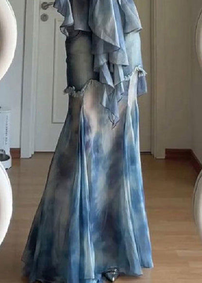 Stylish Blue Tie Dye Lace Up Patchwork Tulle Two Pieces Set Flare Sleeve