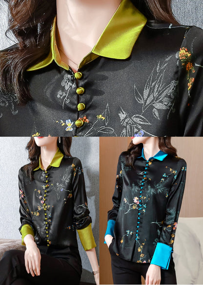 Black Gold Patchwork Peter Pan Collar Print Silk Shirts Long Sleeve