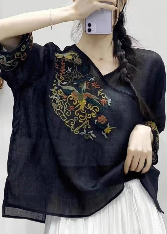 Oose Black V Neck Embroideried Patchwork Linen Top Half Sleeve