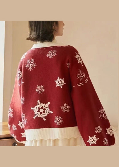 Red V Neck Thick Embroideried Knit Knitted Tops Fall
