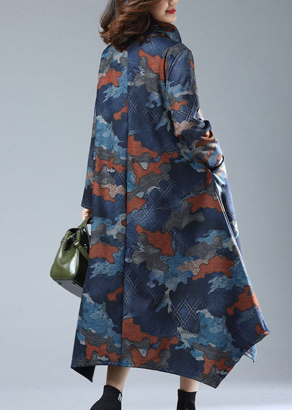 Navy Print Pockets Patchwork Cotton Long Dresses Fall