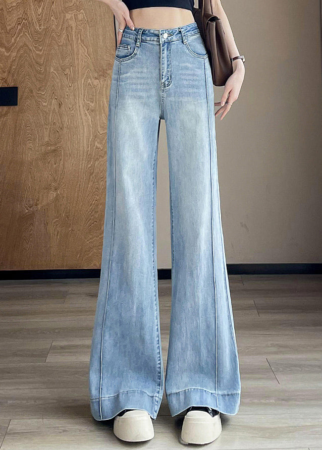 Light Blue Pockets Patchwork Denim Pants Fall