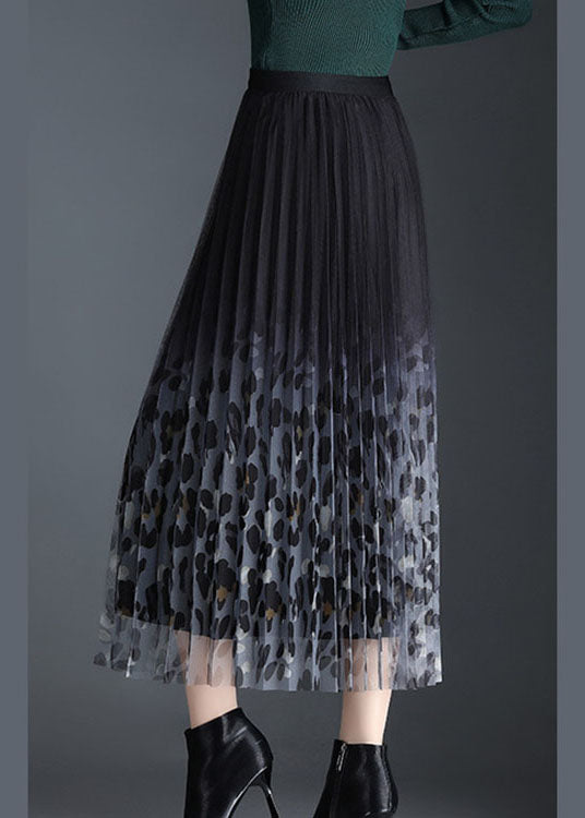 Black Tulle Print Pleated Fall Skirt