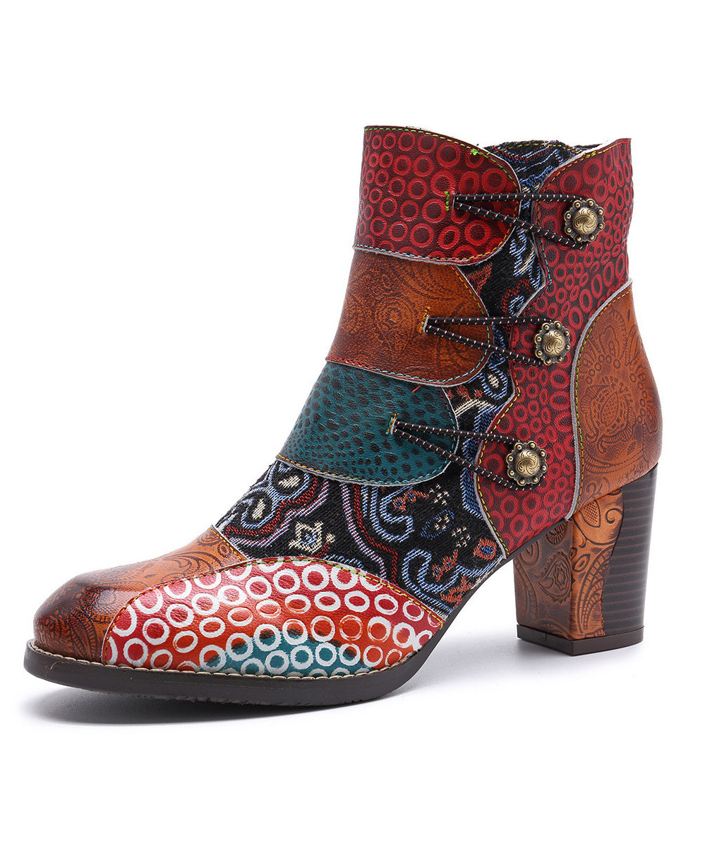 Brown Embossed Splicing Chunky Heel Boots