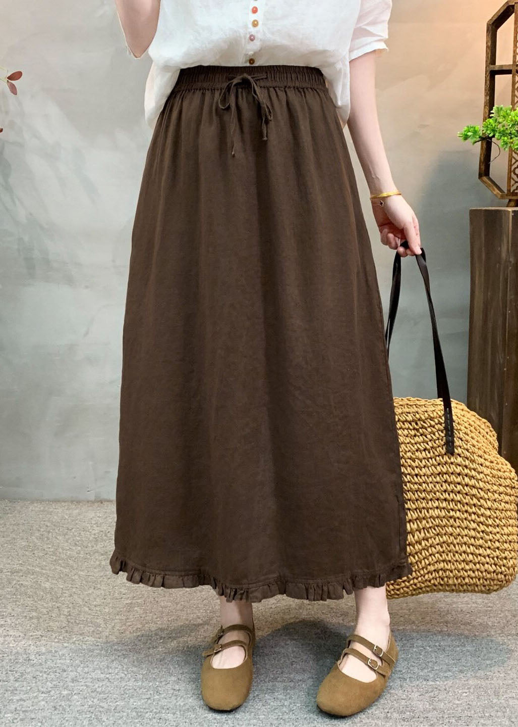 Navy Ruffled Patchwork Elastic Waist Linen Skirt Summer