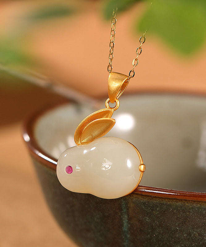White Rabbit Jade 14k Gold Stud Earrings and Pendant Necklace and Ring
