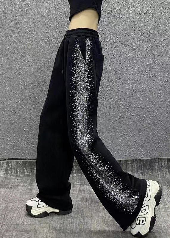 Black Pockets Zircon Elastic Waist Cotton Pants Fall