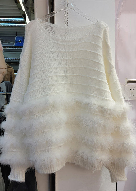 French White O-neck Rabbit Hair Patchwork Cotton Knit Top Fall