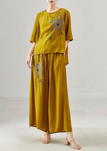 Yellow Embroidered Cotton Two Pieces Set Summer