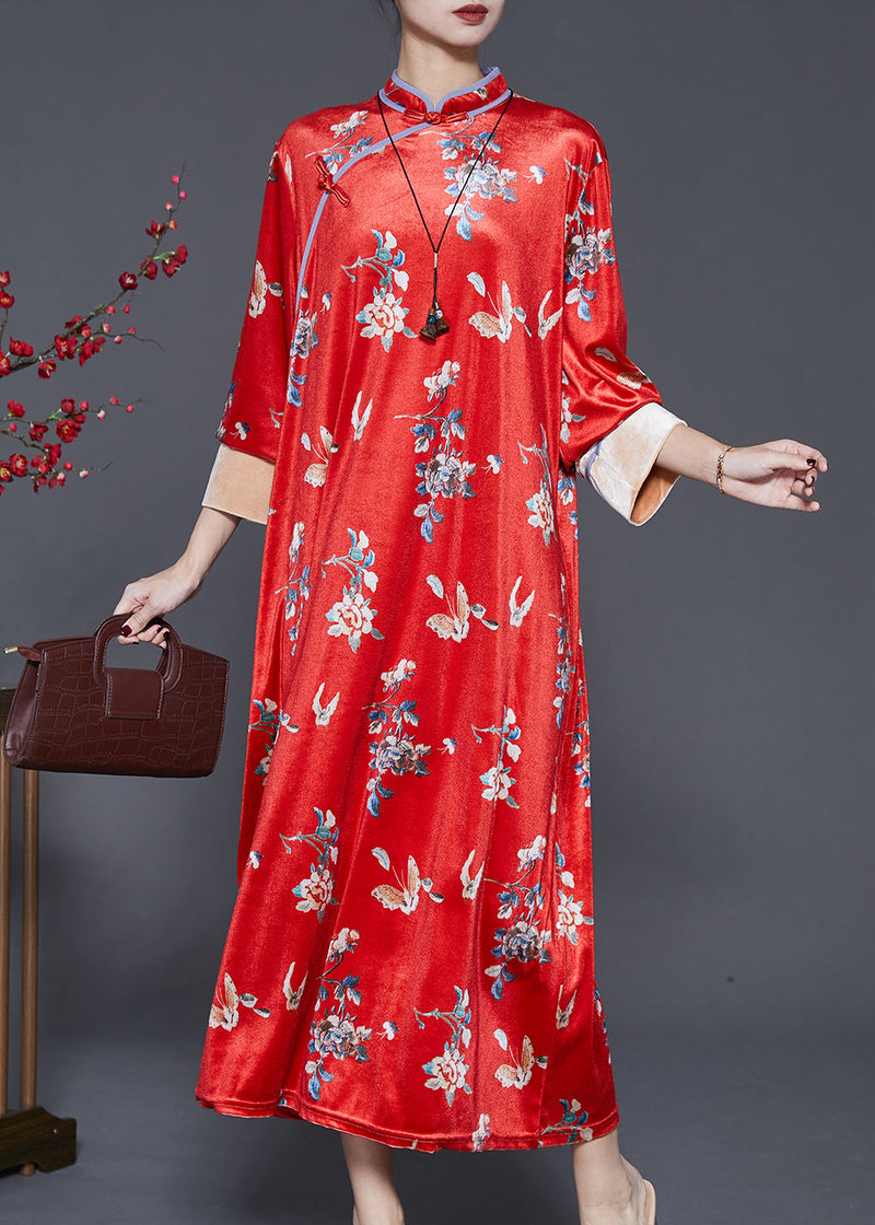Mulberry Print Silk Velour Chinese Style Dresses Spring