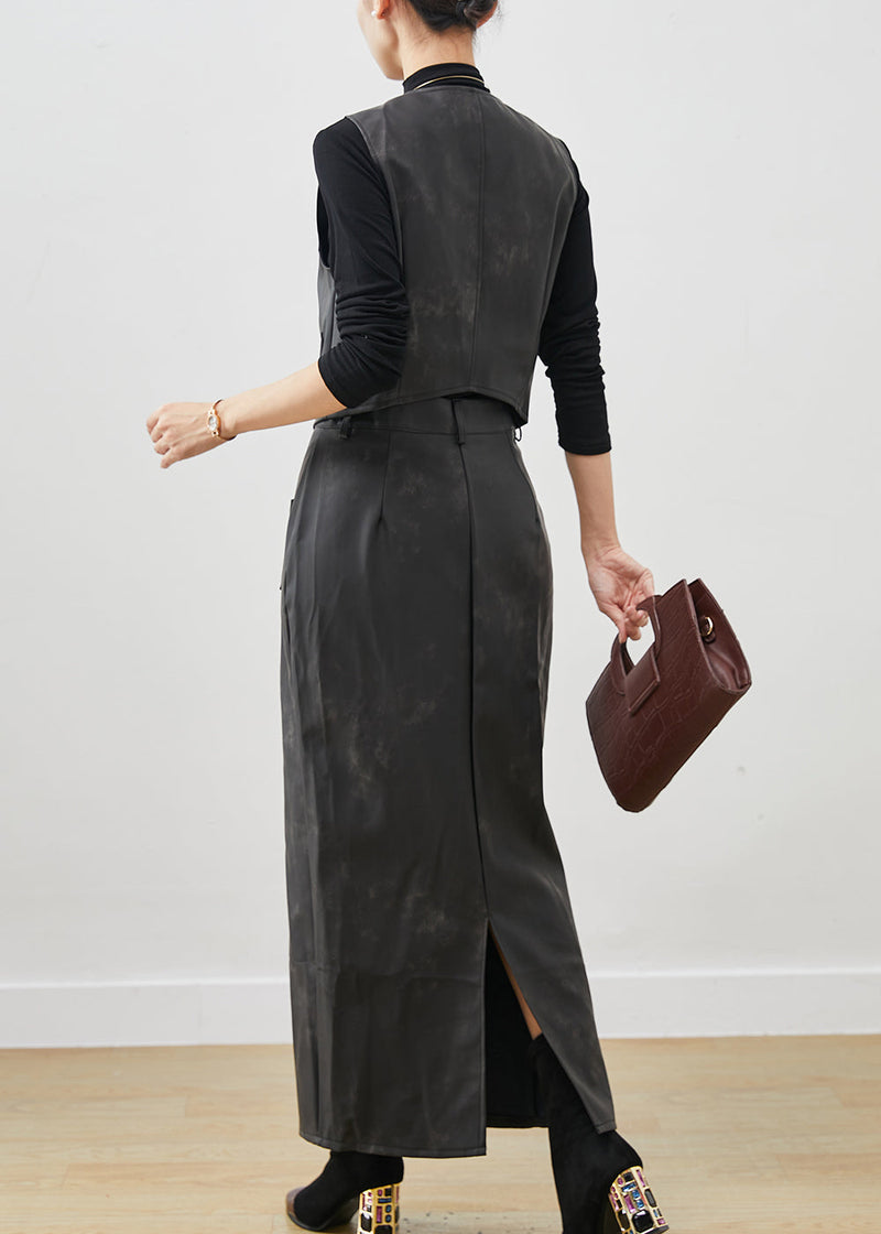 Black Silm Fit Faux Leather Two Piece Set Clothing Pockets Winter