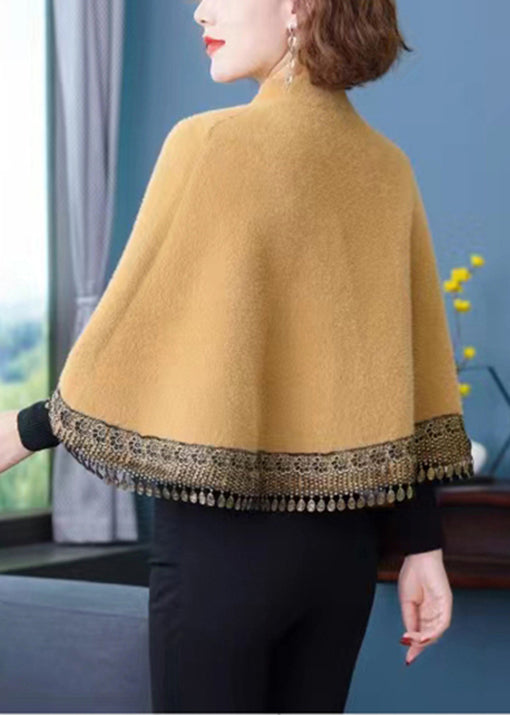 Yellow Stand Collar Tasseled Pockets Patchwork Mink Velvet Coats Fall