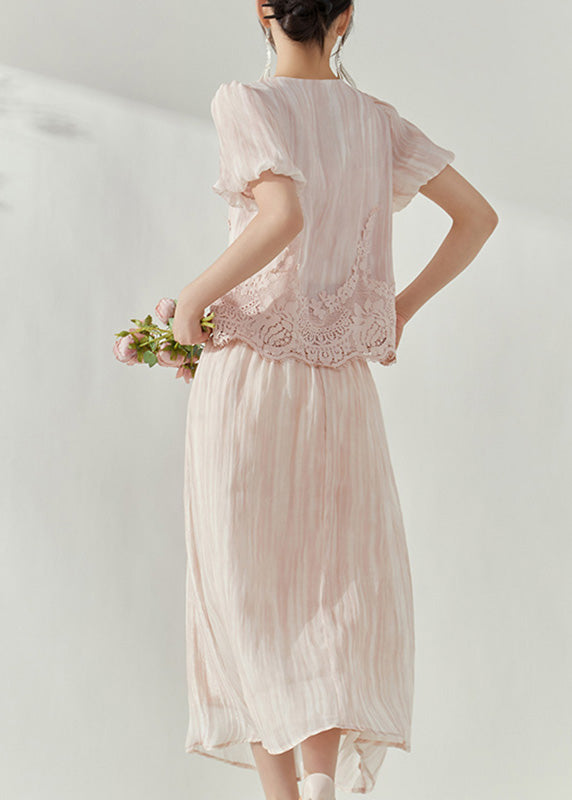 Pink Lace Patchwork Silk Cotton Top and Maxi Skirts Two Pieces Set Puff Sleeve