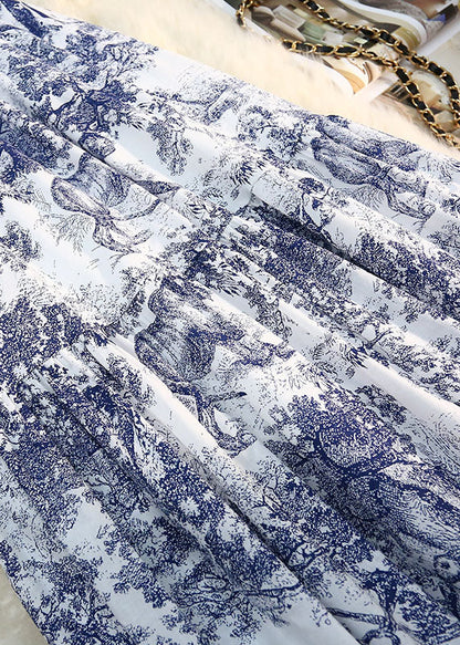 Season New Elastic Waist Retro Blue Print Ruffled Big Swing Skirt
