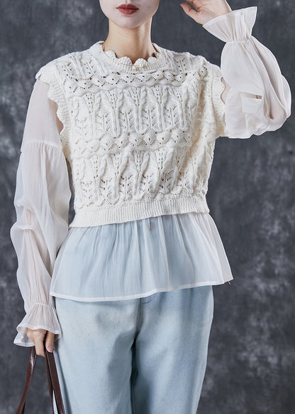 Apricot Patchwork Knit Tops Lantern Sleeve