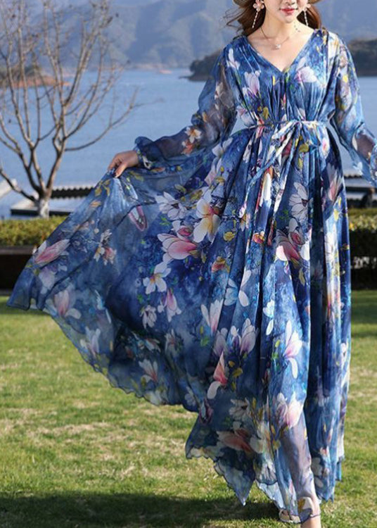 Blue V Neck Print Tie Waist Chiffon Long Dress Long Sleeve