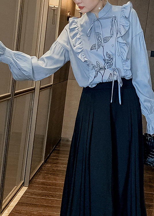 Blue Stand Collar Ruffled Print Tie Waist Button Shirt Long Sleeve