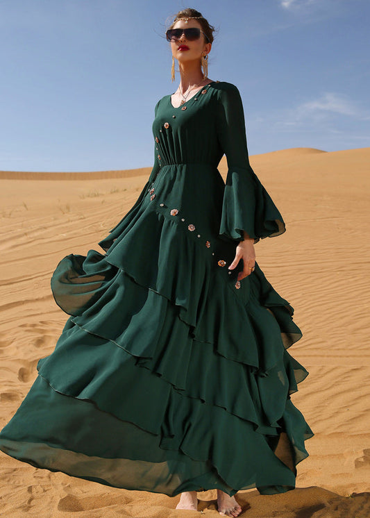Blackish Green Wrinkled Sashes Chiffon Long Beach Dress Long Sleeve
