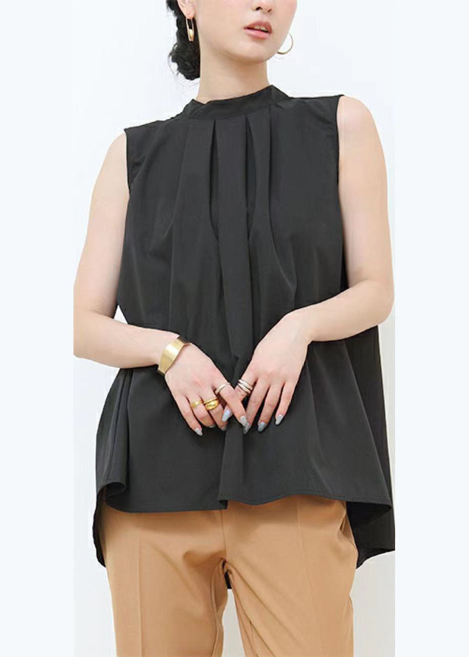 Black Wrinkled Patchwork Bow Cotton Blouses Sleeveless