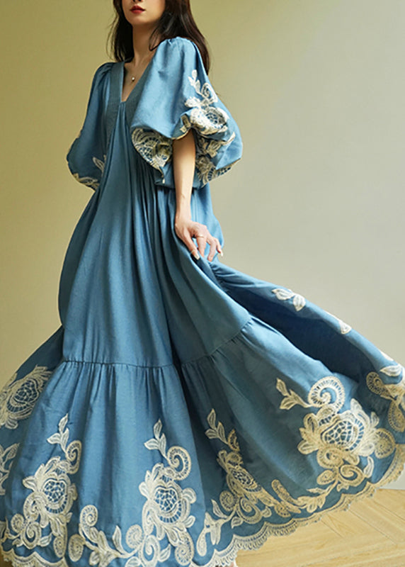 Blue Embroidered Vacation Maxi Dresses Summer