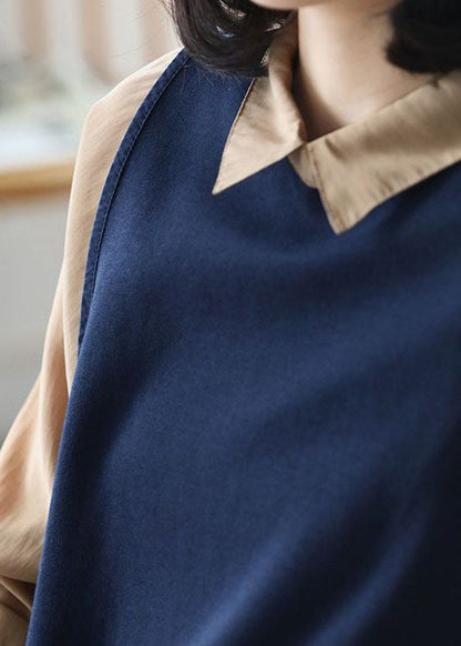 Navy Peter Pan Collar Patchwork Fake Two Piece Cotton Shirt Top Long Sleeve