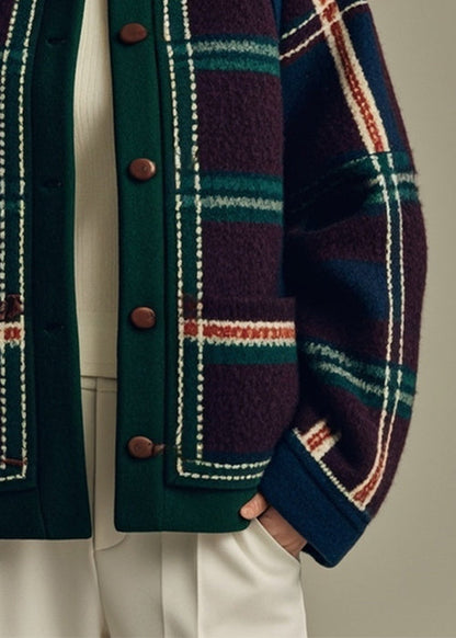 Green Plaid Button Patchwork Woolen Coats Winter