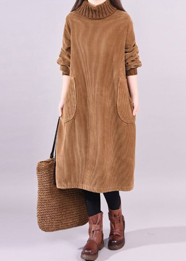 Chocolate Patchwork Thick Corduroy Dresses Turtle Neck Long Sleeve