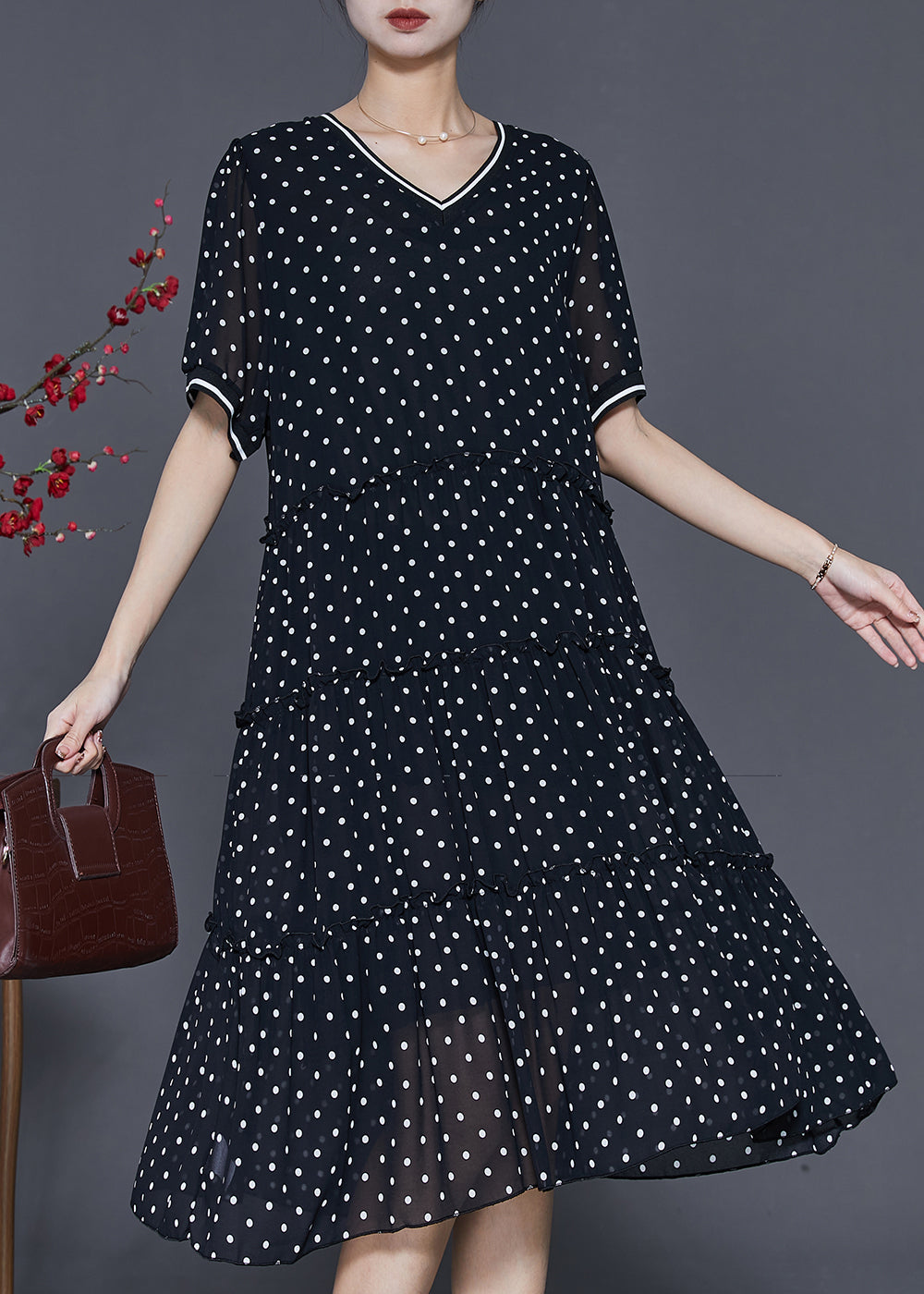 Black Ruffled Exra Large Hem Chiffon Dresses Summer