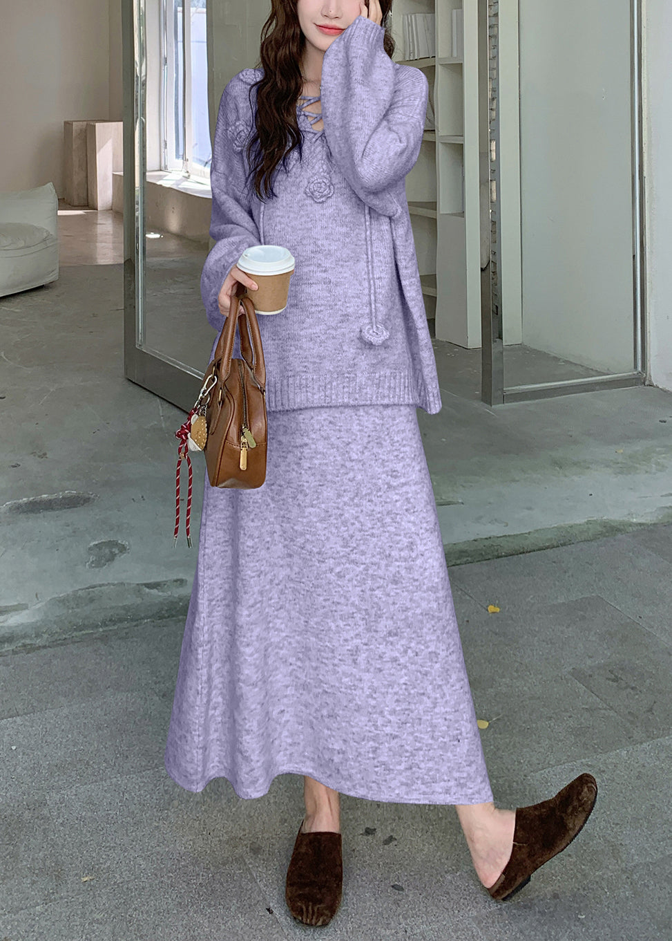 Loose Purple Sweaters and Skirts Knit Two Pieces Set Winter