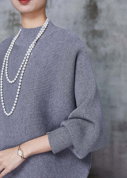 Grey Asymmetrical Design Knit Two Pieces Set Batwing Sleeve Winter