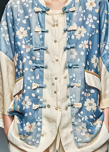 Blue Print Chinese Button Patchwork Cotton Coats Fall