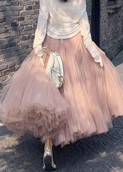 Pink Wrinkled High Waist Tulle Skirt Spring
