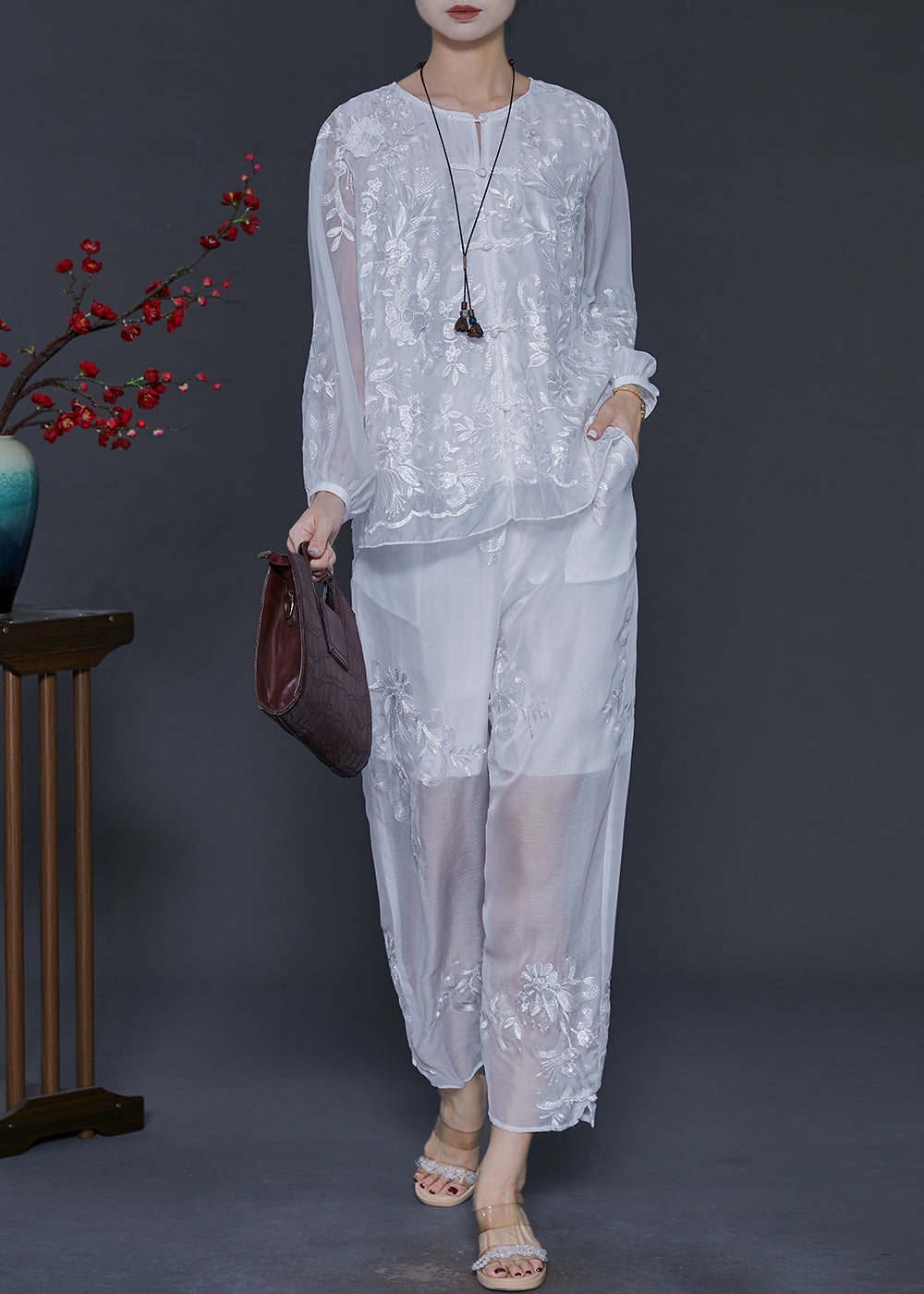 White Embroidered Silk Sets 2 Pieces Summer