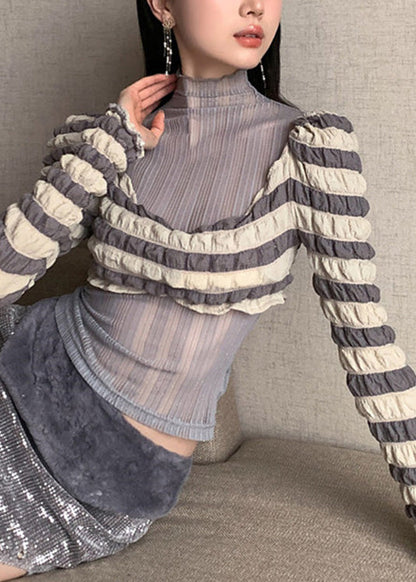 Grey Turtleneck Patchwork Tulle T Shirts Long Sleeve