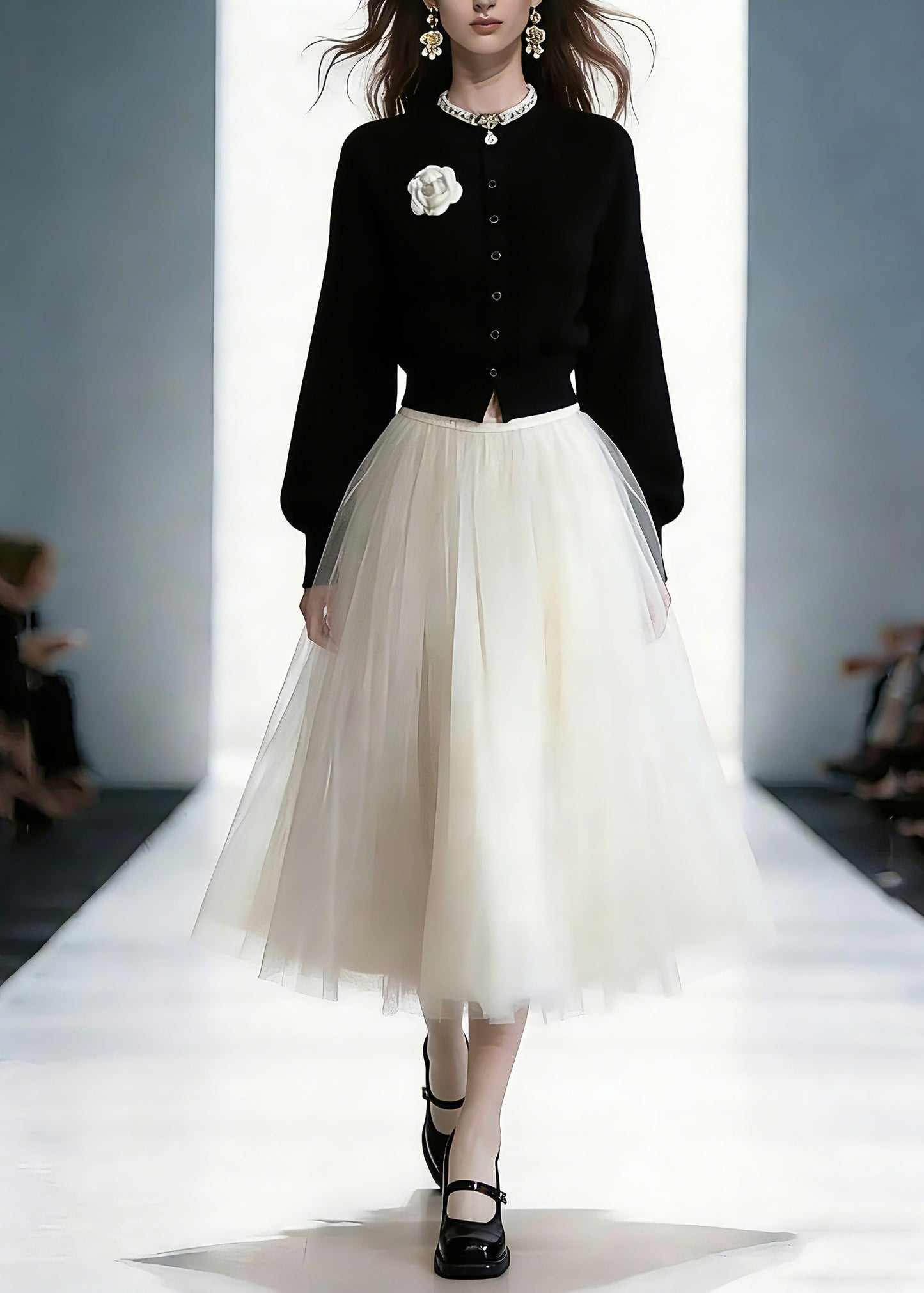 Cotton Knit Cardigans and Tulle Maxi Skirts Two Piece Set Spring