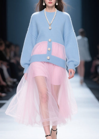 Blue O Neck Tulle Patchwork Knit Dress Fall