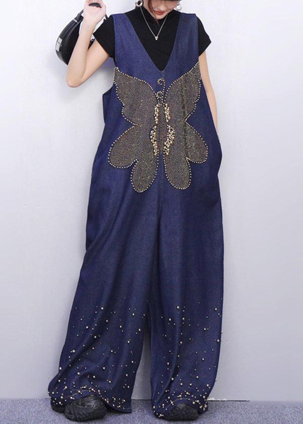 Sparkling Insect Motif Navy Denim Jumpsuits Urban Stance