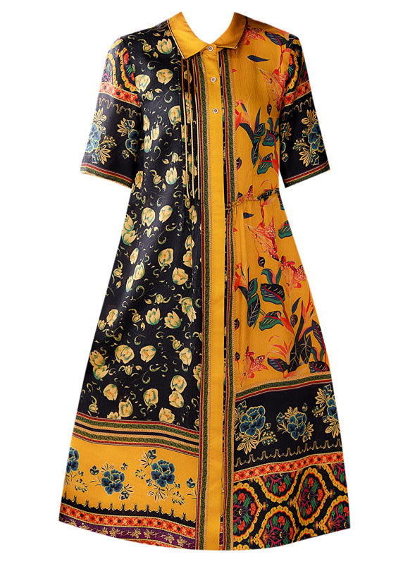 Yellow Peter Pan Collar Print Silk Shirt Dress for Short Sleeve
