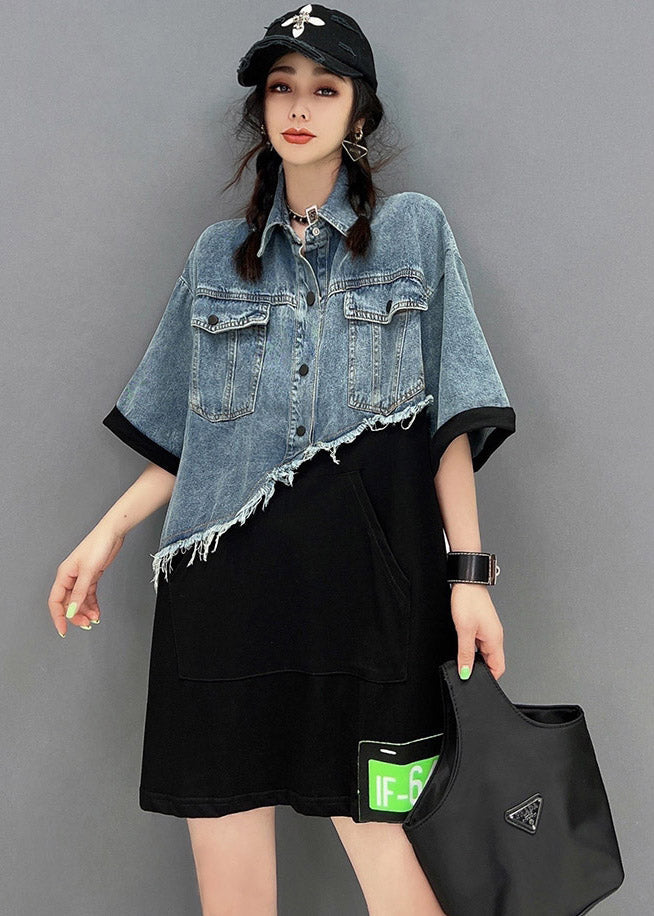 Diy Blue Peter Pan Collar Asymmetrical Denim Patchwork Button Pockets Dress Short Sleeve