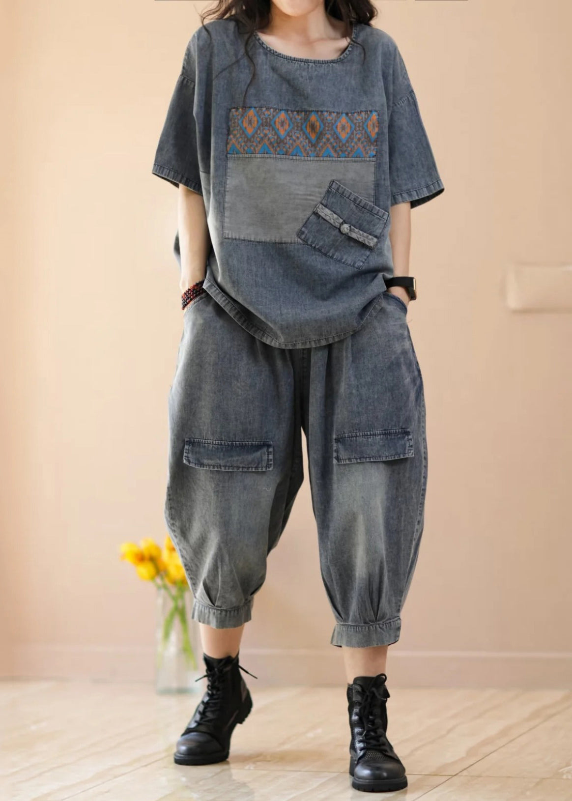 Blue Tops and Crop Pants Denim Two Piece Suit Set Summer