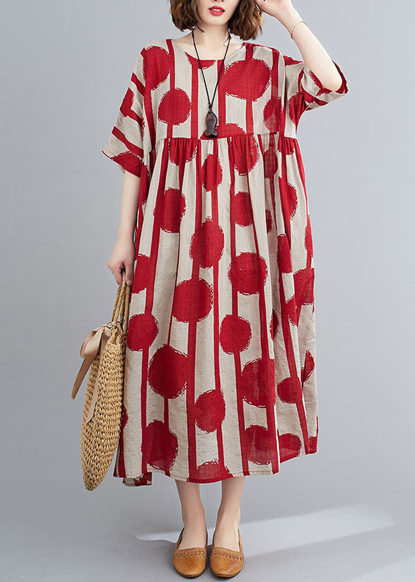 Red O-neck Print Wrinkled Exra Large Hem Cotton Long Dresses Short Sleeve